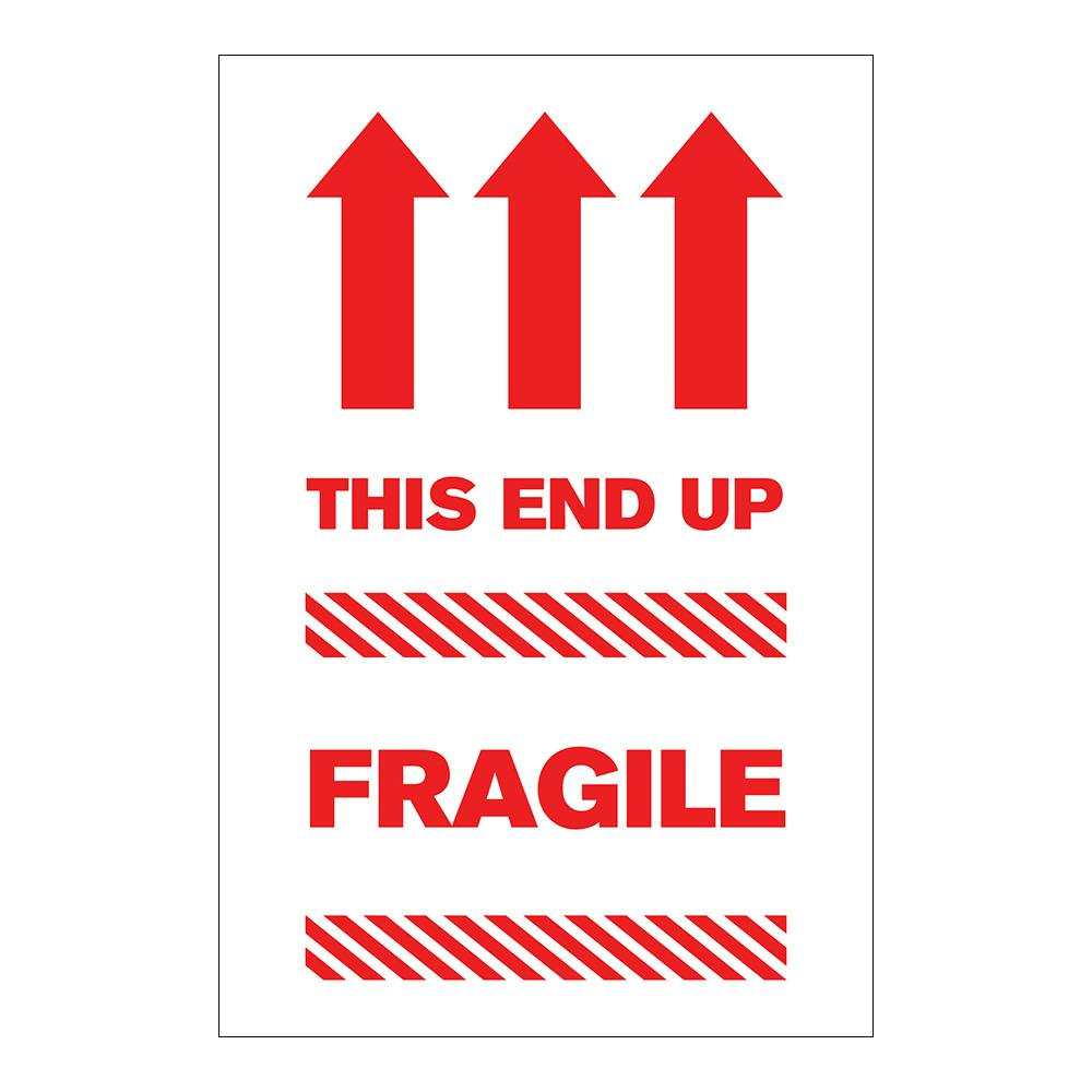 "Fragile - This End Up" Vertical Rectangular Paper Label with Red Arrows & Font - 4" x 6"
