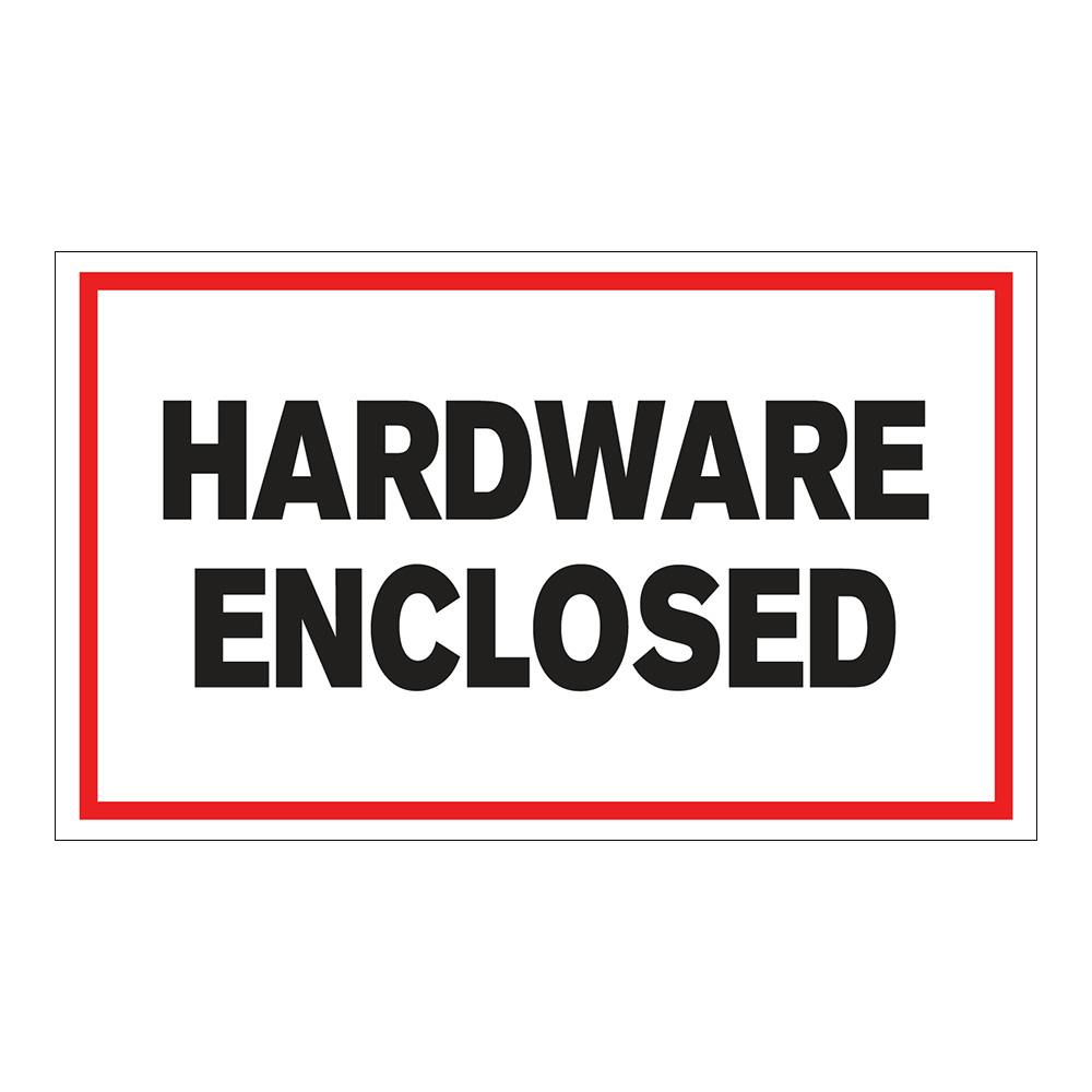 "Hardware Enclosed" Horizontal Rectangular Paper Label with Red Border - 3" x 5"