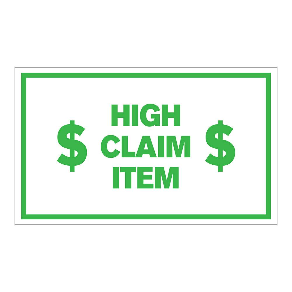 "High Claim Item" Horizontal Rectangular Paper Label with Symbol & Green Border - 3" x 5"
