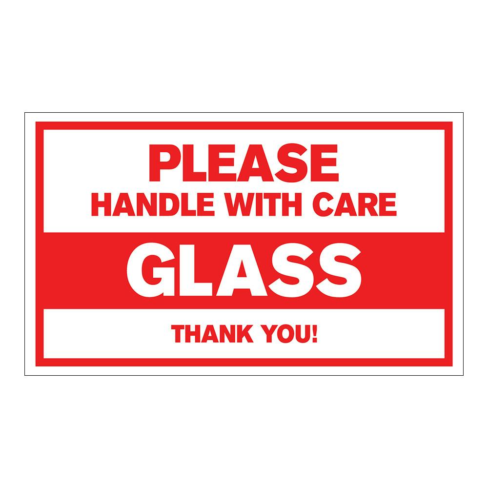 "Glass - Please Handle with Care, Thank You" Horizontal Rectangular Paper Label with Red Border - 3" x 5"
