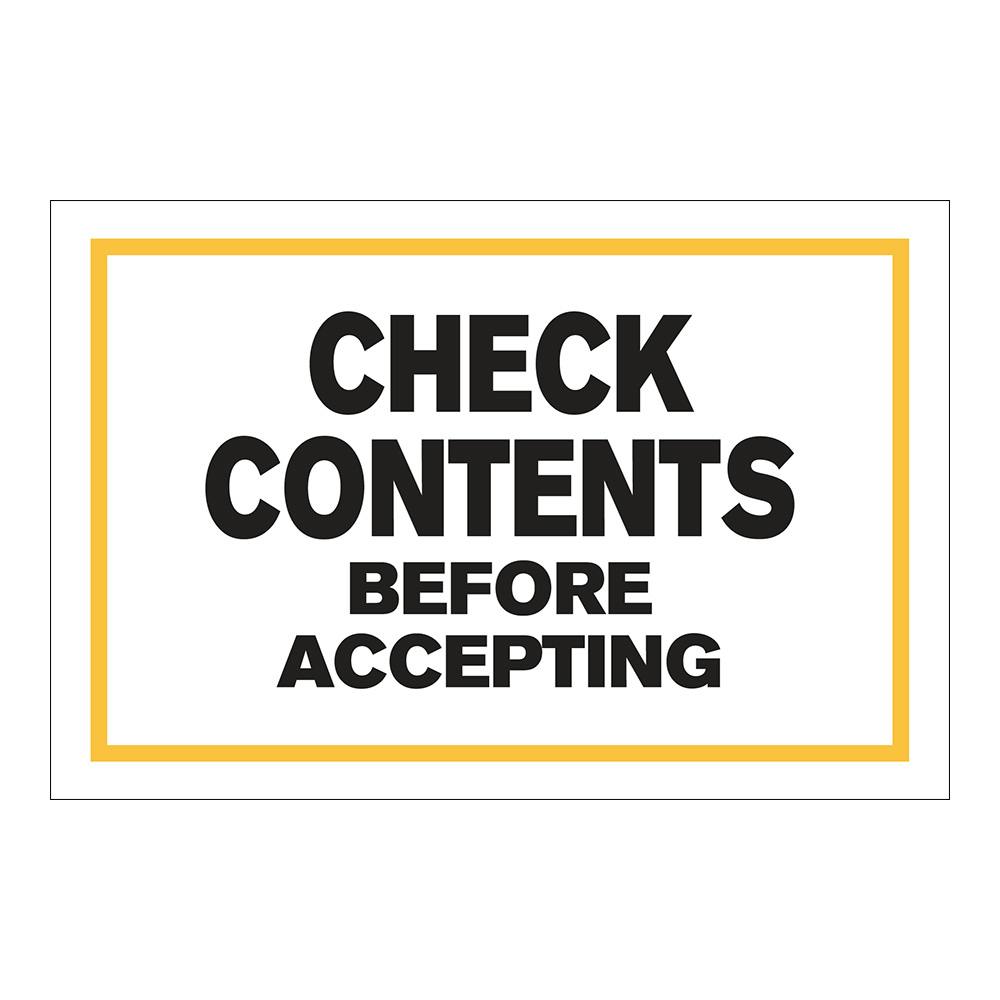 "Check Contents Before Accepting" Horizontal Rectangular Paper Label with Yellow Border - 4" x 6"