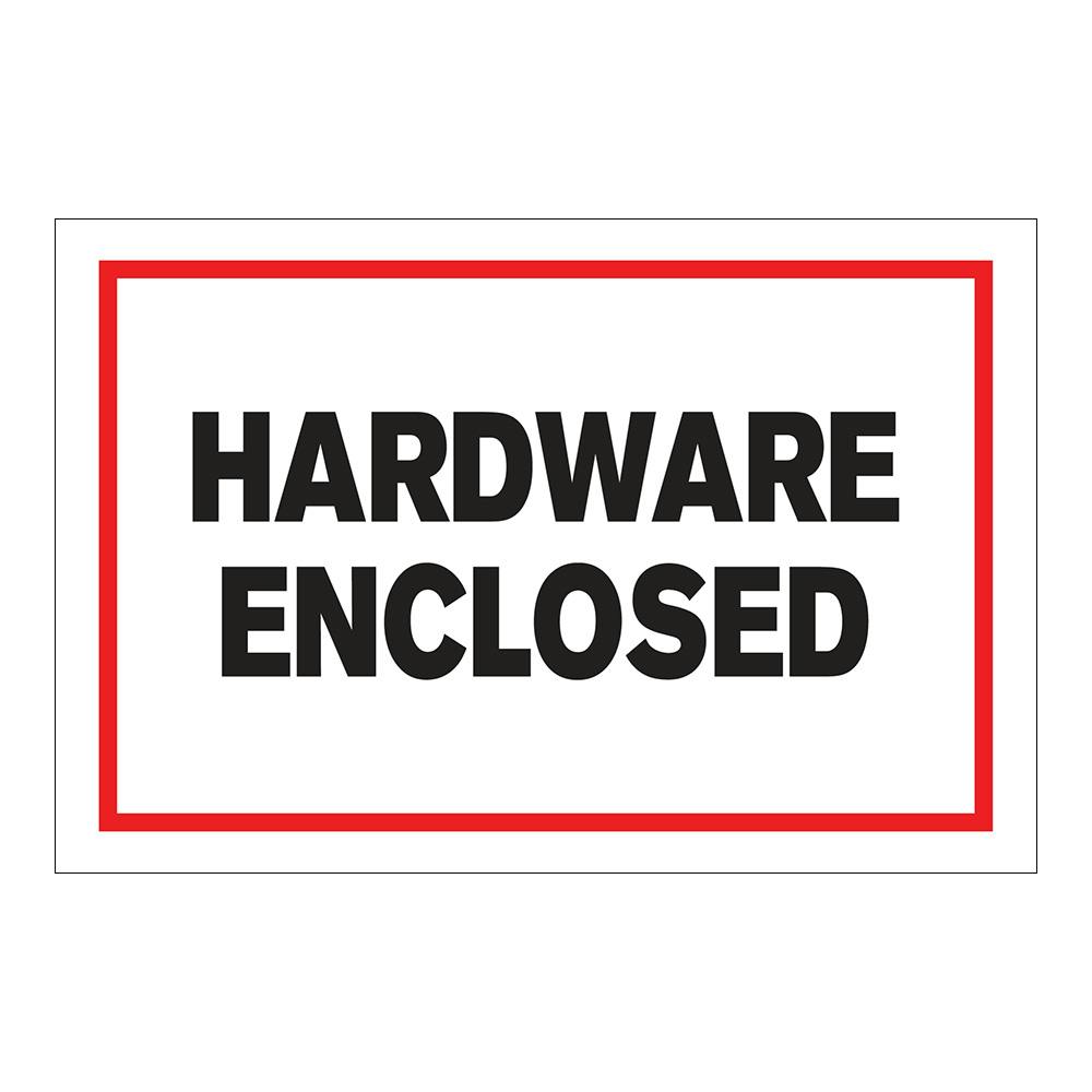 "Hardware Enclosed" Horizontal Rectangular Paper Label with Red Border - 4" x 6"