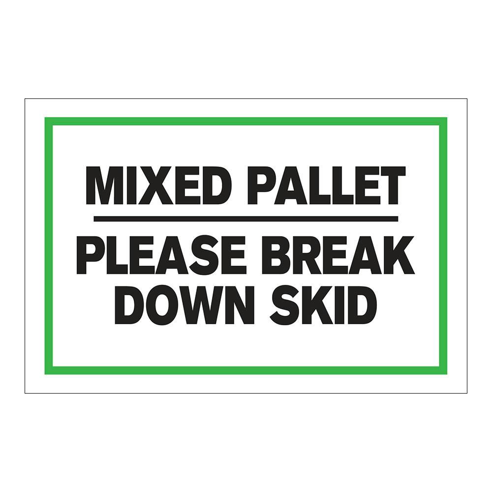 "Mixed Pallet - Please Break Down Skid" Horizontal Rectangular Paper Label with Green Border - 4" x 6"