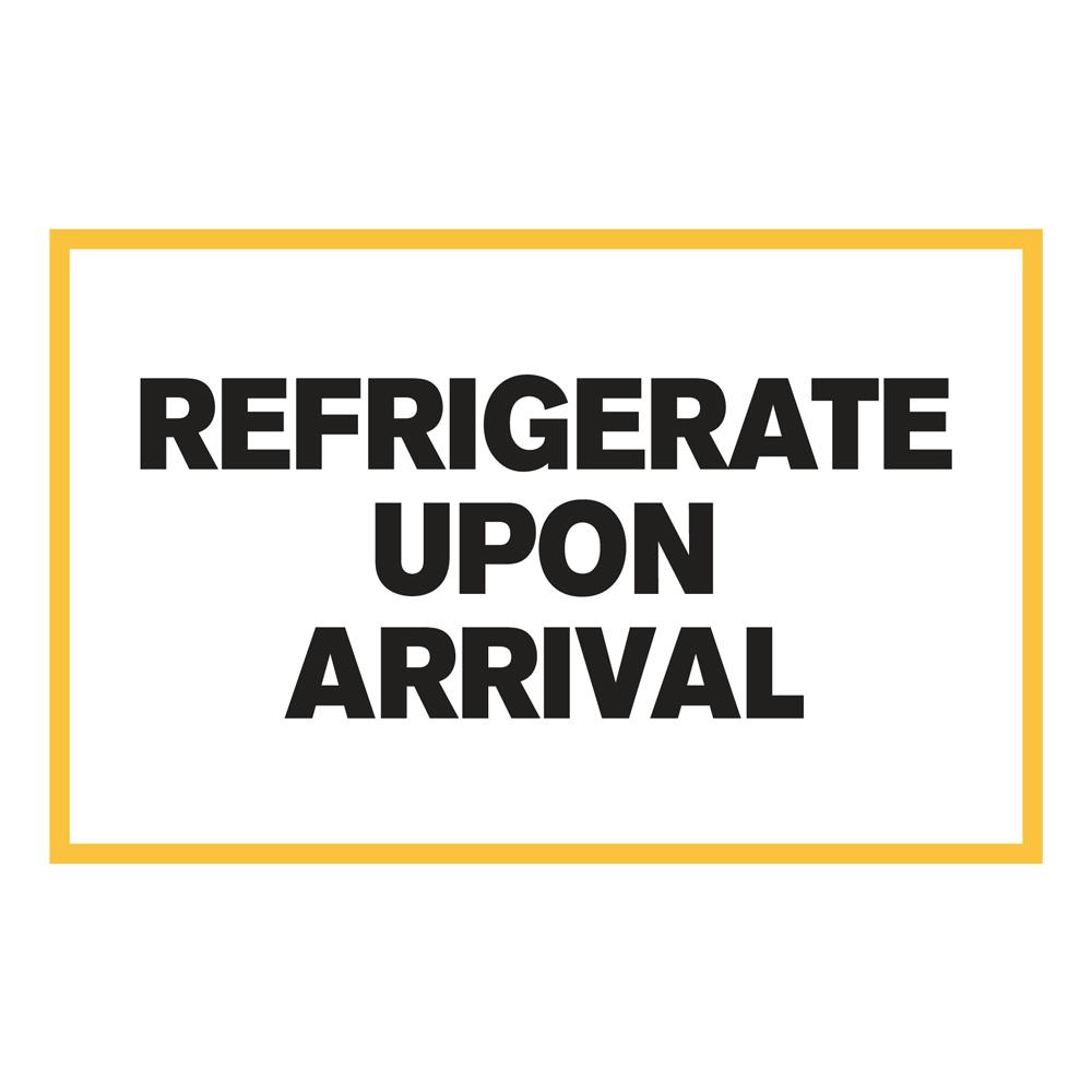 "Refrigerate Upon Arrival" Horizontal Rectangular Paper Label with Yellow Border - 4" x 6"