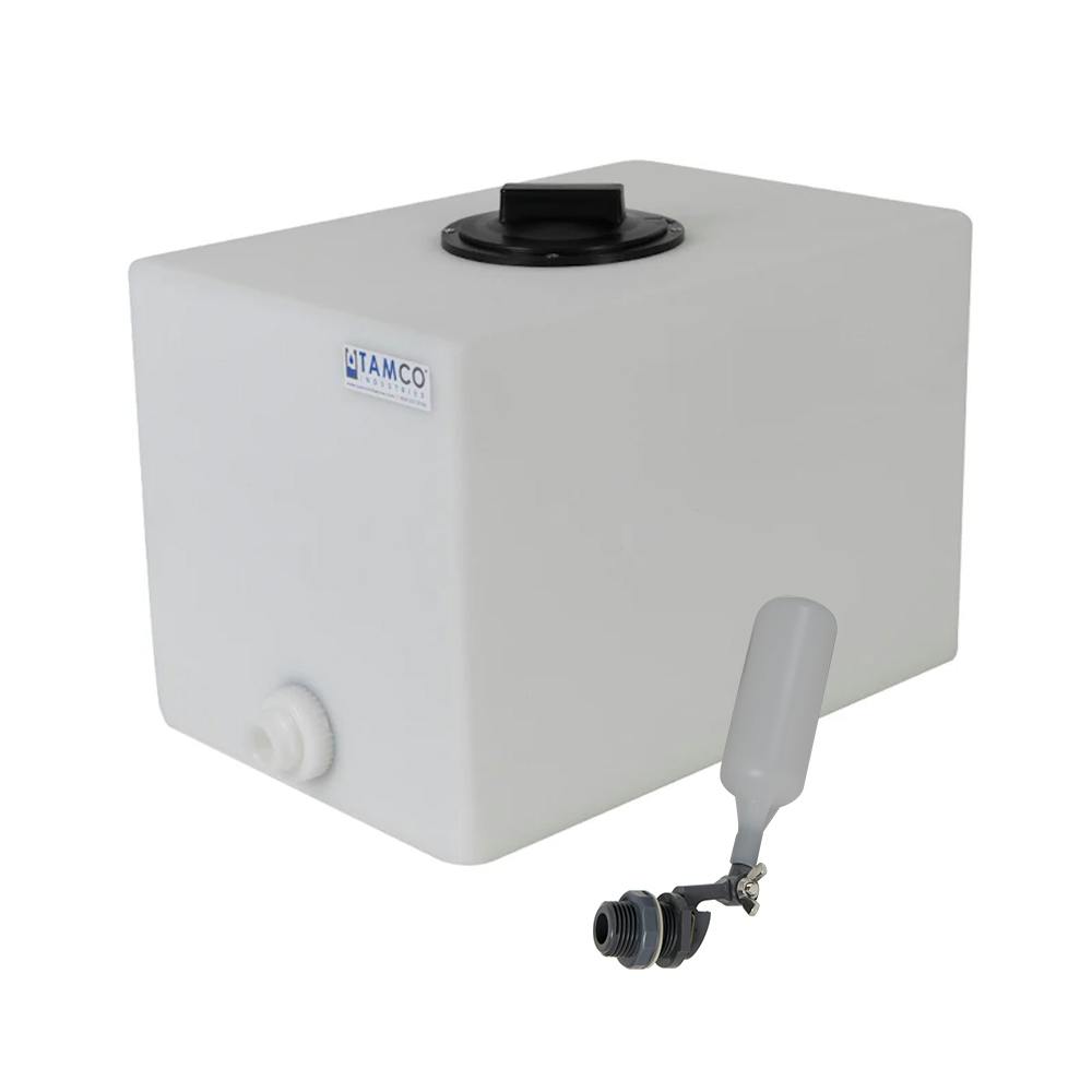 20 Gallon Natural LLDPE Rectangular Utility Tamco® Tank with 4" Lid, 3/4" FNPT Fitting, 1/2" MIPT Float Valve & 2-1/2-Gallon Graduations - 14" L x 14" W x 27" Hgt.