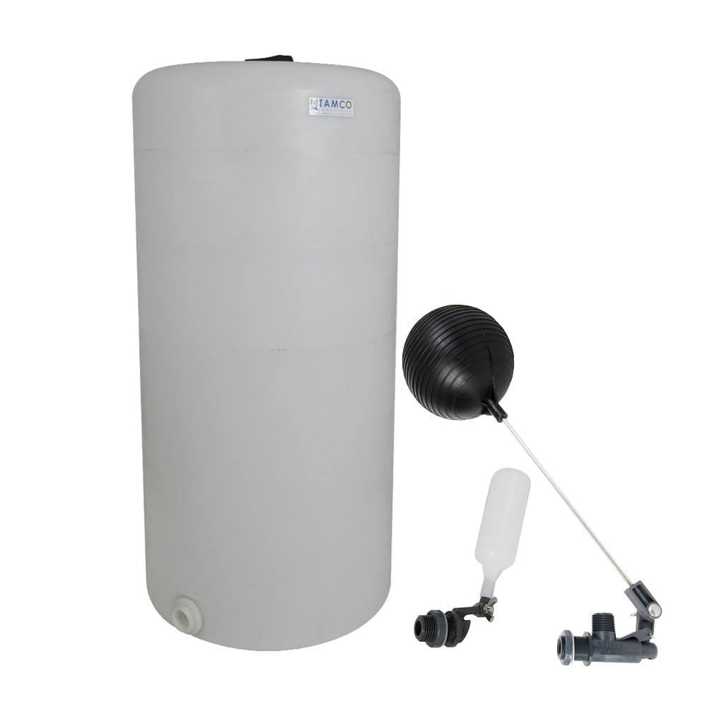 55 Gallon Natural LLDPE Tamco® Round Vertical Tank with a 8" Lid, 1" FNPT Fitting, 1/2" MIPT Float Valve & 5-Gallon Graduations - 24" Dia. x 33" Hgt.