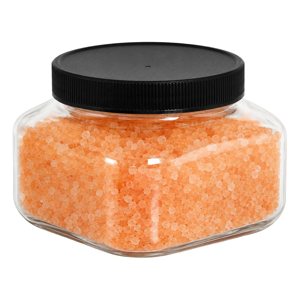 8 oz. Clear PET Firenze Square Jar with 70/400 Black Ribbed Cap with F217 Liner