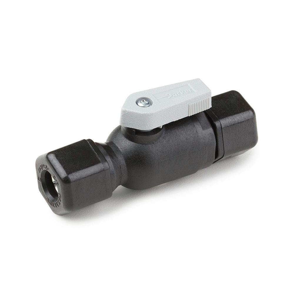 3/8" Tube OD x 3/8" Tube OD Black Polypropylene Union Connector Ball Valve