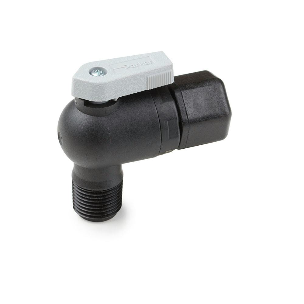 1/4" Tube OD x 1/4" Male NPTF Black Polypropylene Male Elbow Ball Valve