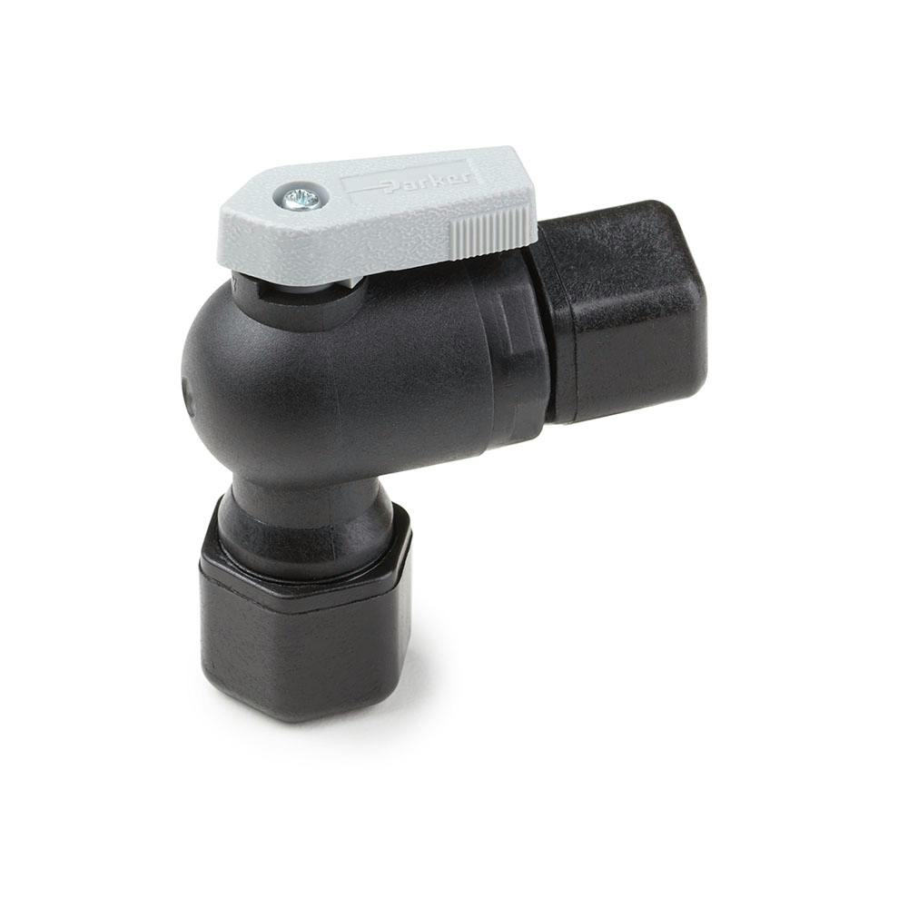 1/2" Tube OD x 1/2" Tube OD Black Polypropylene Union Elbow Ball Valve