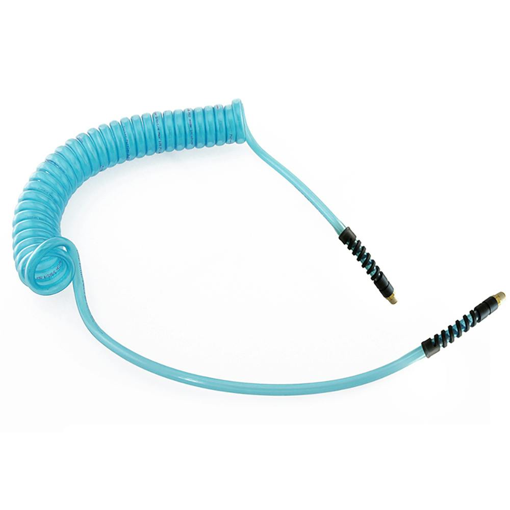 3/8" ID x 9/16" OD NoMar® Fast-Stor® Transparent Blue Polyurethane Air Hose Assembly with Strain Relief & (2) 3/8" Swivel NPT Fittings - 15' L