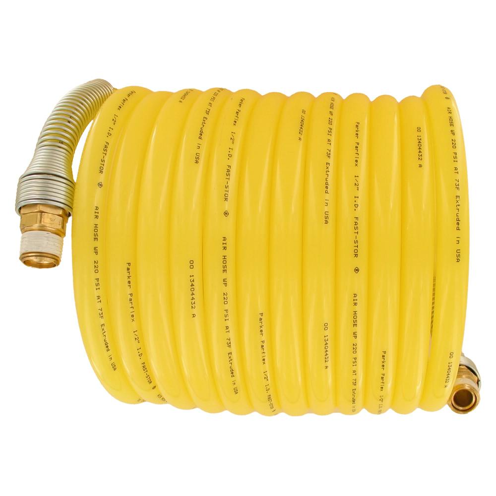 1/2" ID x 5/8" OD NFS Fast-Stor® Yellow Nylon Air Hose Assembly with Spring Guard & (2) 1/2" Swivel NPT Fittings - 50' L