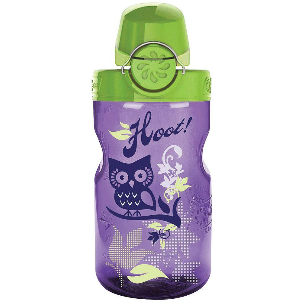 12 oz. Purple with Printed "Hoot" Owl Design Nalgene® Kids On The Fly Sustain Water Bottle with Sprout Green Cap