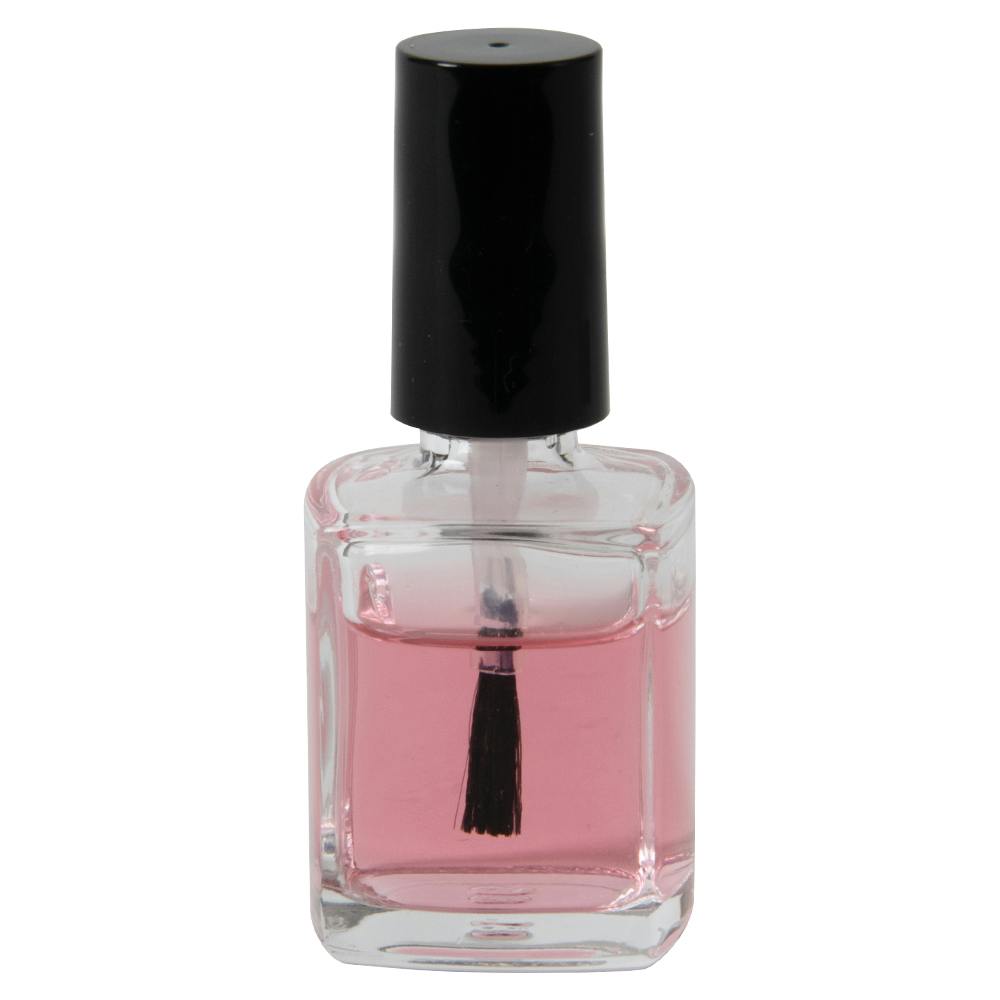 1/2 oz. Clear Rounded Square Glass Bottle with 13/415 Black Torino Cap & Flat Lacquer Brush Insert with S Core