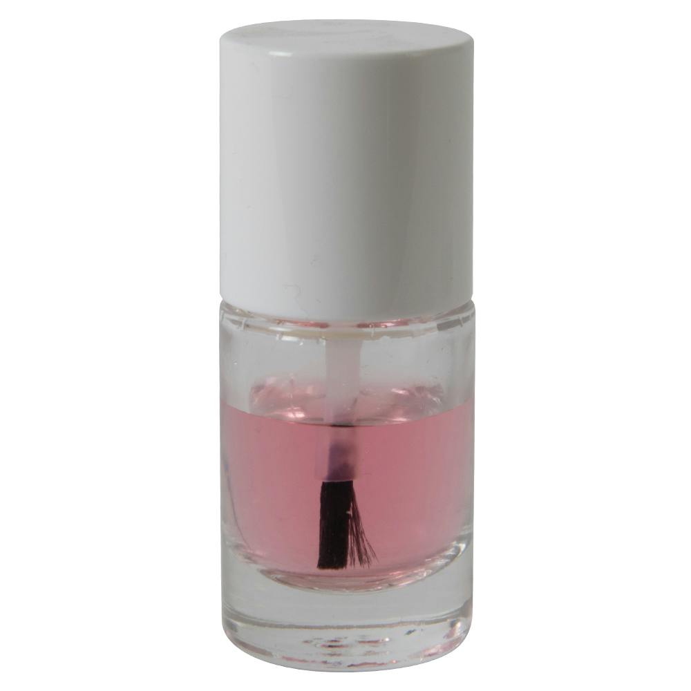2/5 oz. Clear Stubby Cylinder Glass Bottle with 13/415 White Leyton Cap & Flat Lacquer Brush Insert with LS Core