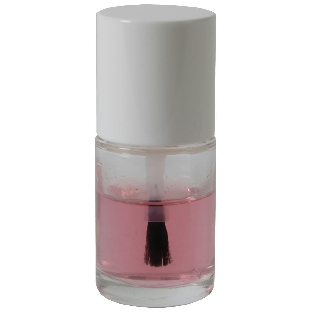1/2 oz. Clear Stubby Cylinder Glass Bottle with 13/415 White Leyton Cap & Flat Lacquer Brush Insert with LS Core