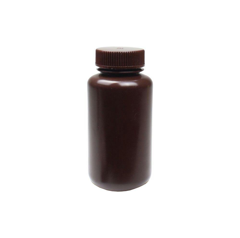250mL Wide Mouth Amber HDPE Reagent Bottle with 43/415 Polypropylene Cap - Package of 12