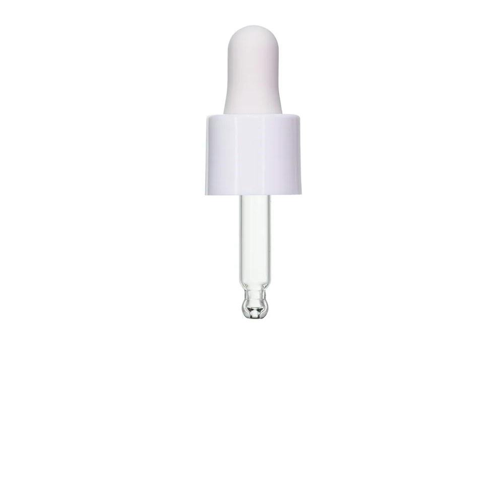 18/415 Smooth White Polypropylene Cervino Dropper Cap with White Rubber Bulb & 49mm L Glass Pipette with Ball Tip