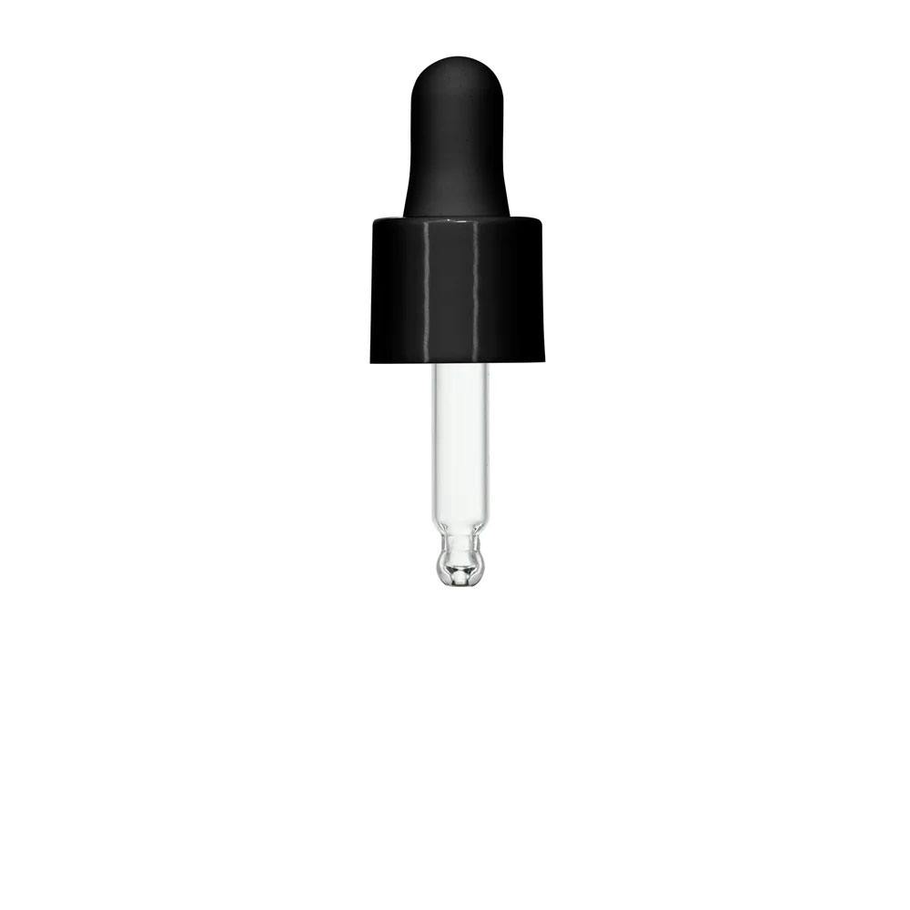 18/415 Smooth Black Polypropylene Cervino Dropper Cap with Black Rubber Bulb & 49mm L Glass Pipette with Ball Tip