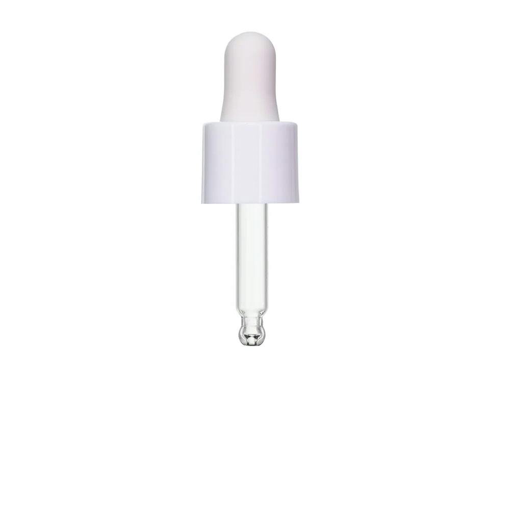18/415 Smooth White Polypropylene Cervino Dropper Cap with White Rubber Bulb & 52mm L Glass Pipette with Ball Tip