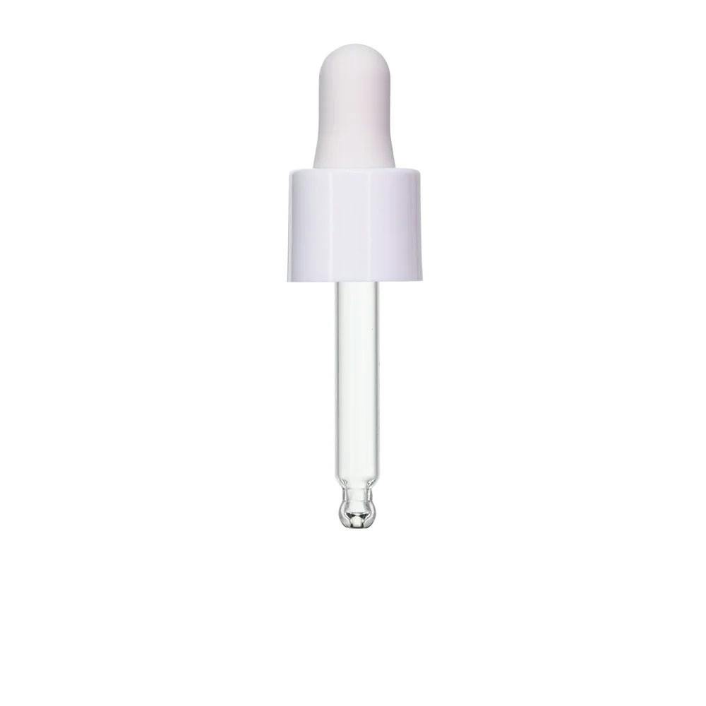 18/415 Smooth White Polypropylene Cervino Dropper Cap with White Rubber Bulb & 60mm L Glass Pipette with Ball Tip
