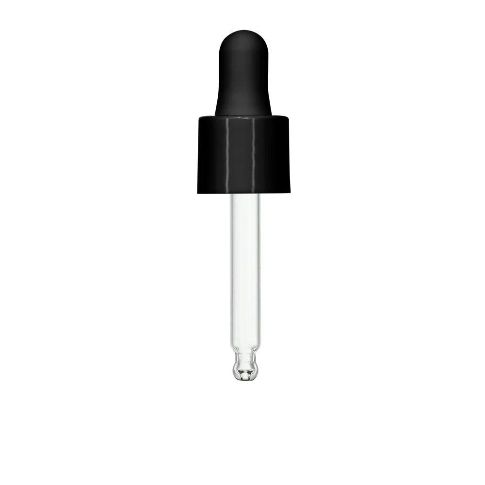 18/415 Smooth Black Polypropylene Cervino Dropper Cap with Black Rubber Bulb & 62mm L Glass Pipette with Ball Tip