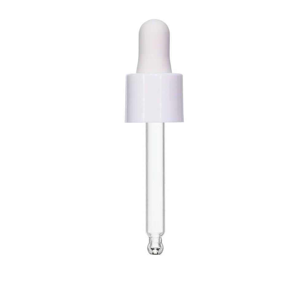 18/415 Smooth White Polypropylene Cervino Dropper Cap with White Rubber Bulb & 66mm L Glass Pipette with Ball Tip