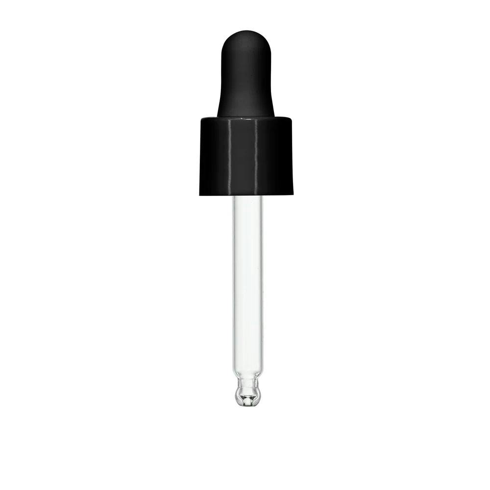18/415 Smooth Black Polypropylene Cervino Dropper Cap with Black Rubber Bulb & 66mm L Glass Pipette with Ball Tip