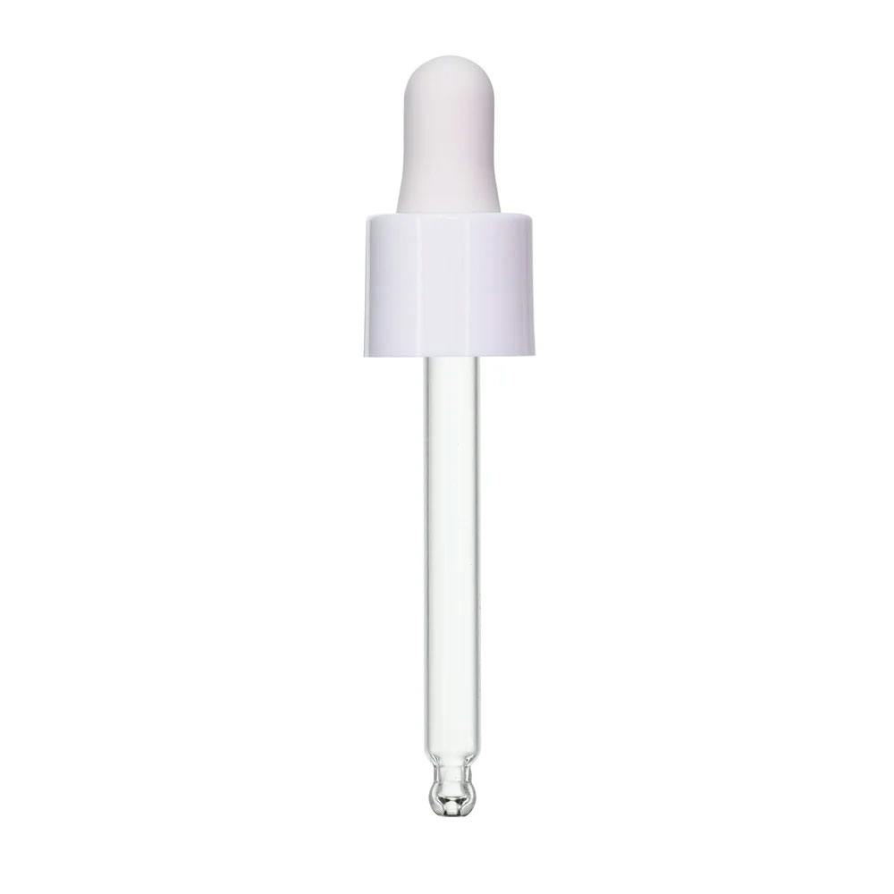 18/415 Smooth White Polypropylene Cervino Dropper Cap with White Rubber Bulb & 71mm L Glass Pipette with Ball Tip
