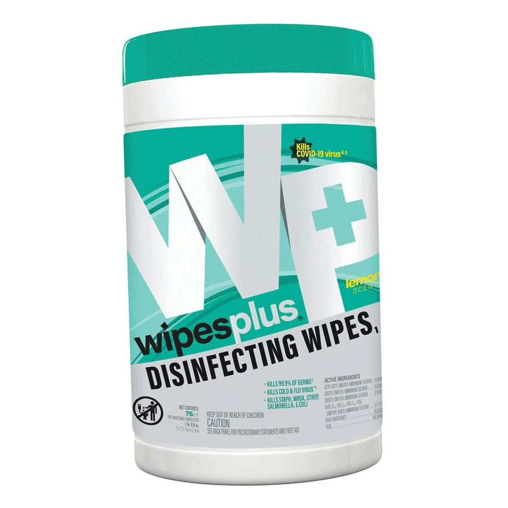 7" W x 7" L Lemon-Scented WipesPlus® Disinfecting Surface Wipes - Canister of 75