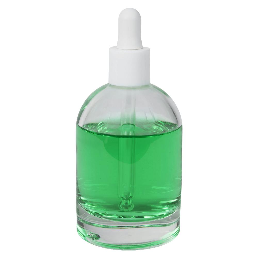 100mL Clear Begonia Dome Round Glass Bottle with 18/415 Smooth White Cervino Dropper Cap with White Rubber Bulb & Ball Tip Glass Pipette