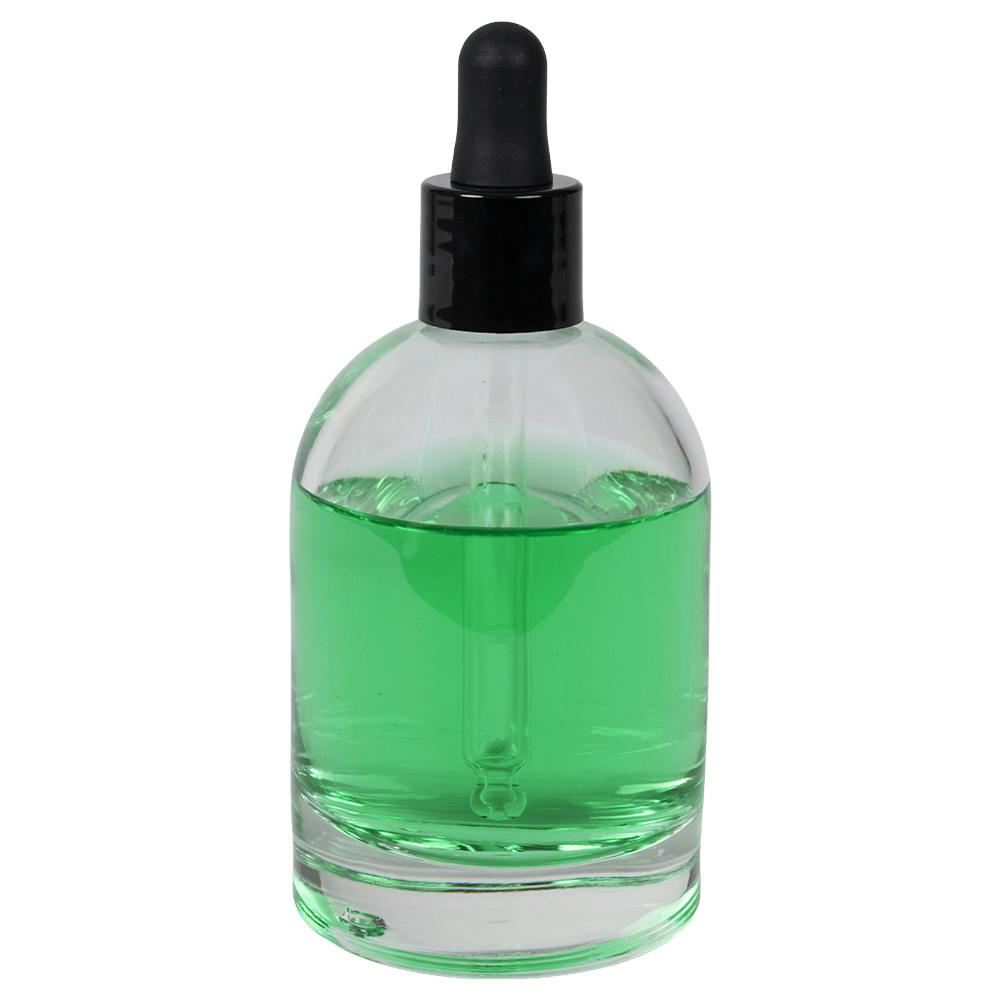 100mL Clear Begonia Dome Round Glass Bottle with 18/415 Smooth Black Cervino Dropper Cap with Black Rubber Bulb & Ball Tip Glass Pipette