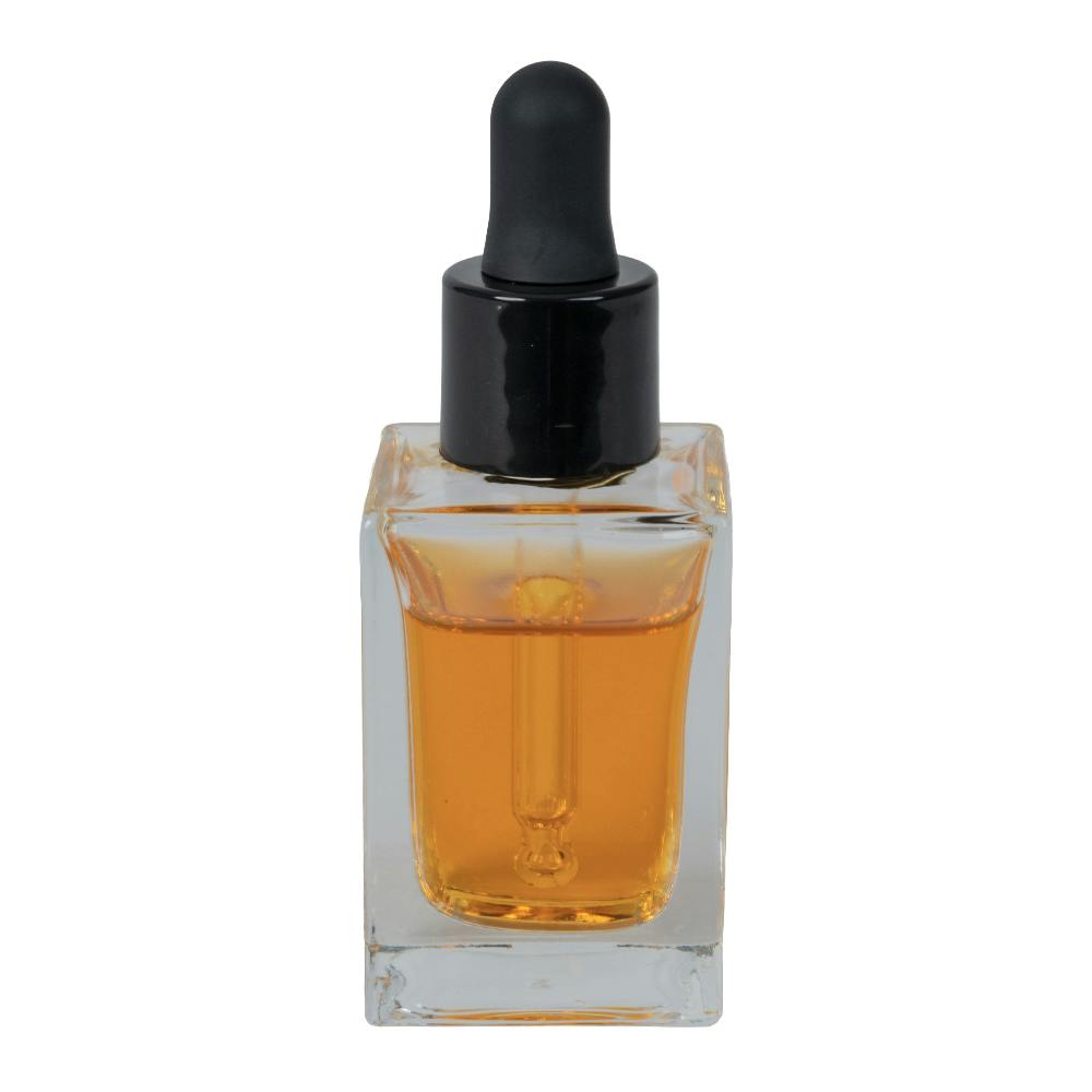 30mL Clear Tall Slim Square Glass Bottle with 18/415 Smooth Black Cervino Dropper Cap with Black Rubber Bulb & Ball Tip Glass Pipette