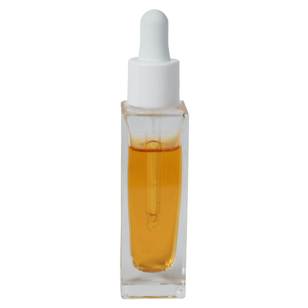 50mL Clear Square Glass Bottle with 18/415 Smooth White Cervino Dropper Cap with White Rubber Bulb & Ball Tip Glass Pipette