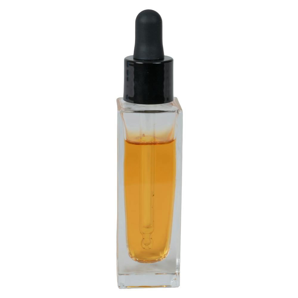 50mL Clear Square Glass Bottle with 18/415 Smooth Black Cervino Dropper Cap with Black Rubber Bulb & Ball Tip Glass Pipette