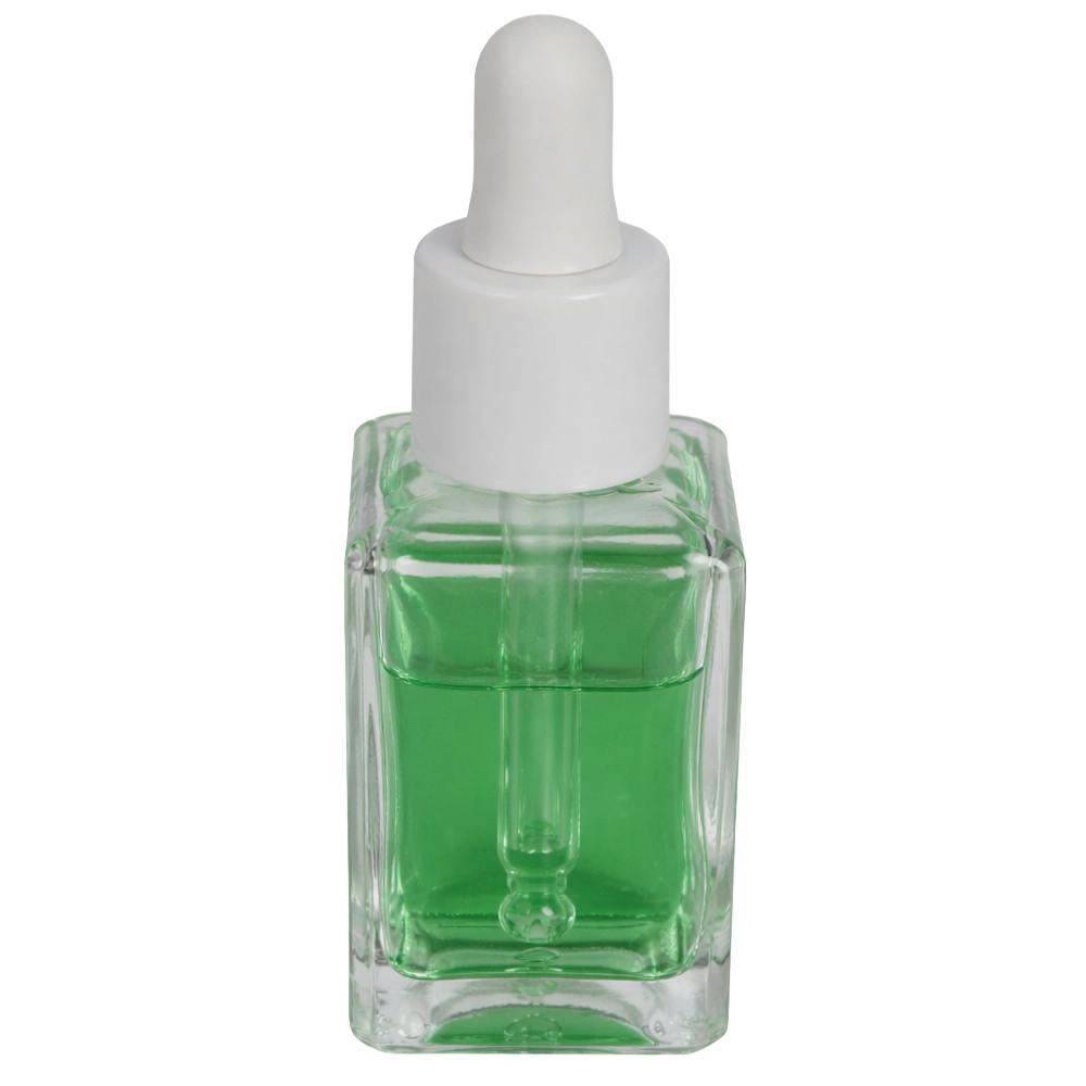 30mL Clear Rounded Square Glass Bottle with 18/415 Smooth White Cervino Dropper Cap with White Rubber Bulb & Ball Tip Glass Pipette