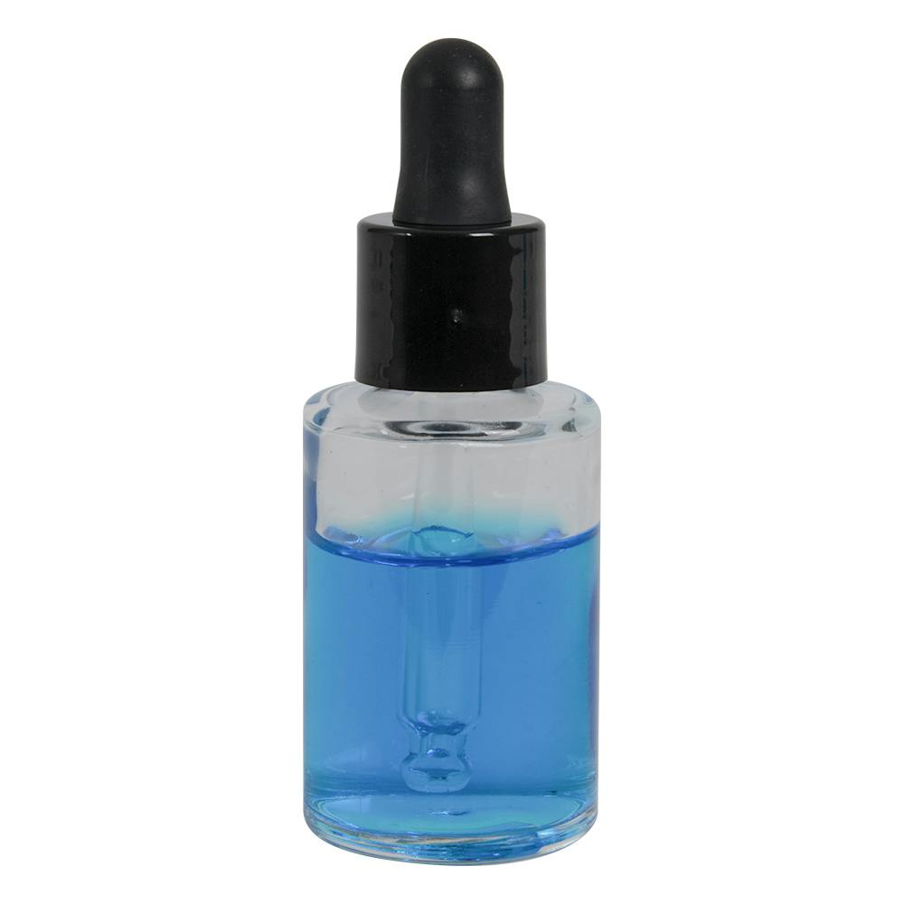 15mL Clear Stubby Cylinder Glass Bottle with 18/415 Smooth Black Cervino Dropper Cap with Black Rubber Bulb & Ball Tip Glass Pipette