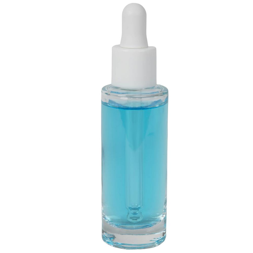 30mL Clear Tall Cylinder Glass Bottle with 18/415 Smooth White Cervino Dropper Cap with White Rubber Bulb & Ball Tip Glass Pipette