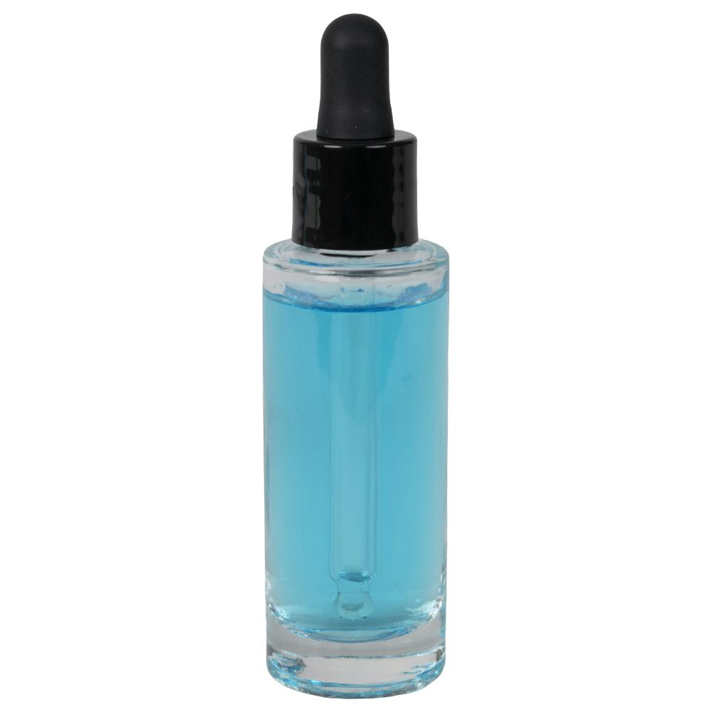 30mL Clear Tall Cylinder Glass Bottle with 18/415 Smooth Black Cervino Dropper Cap with Black Rubber Bulb & Ball Tip Glass Pipette