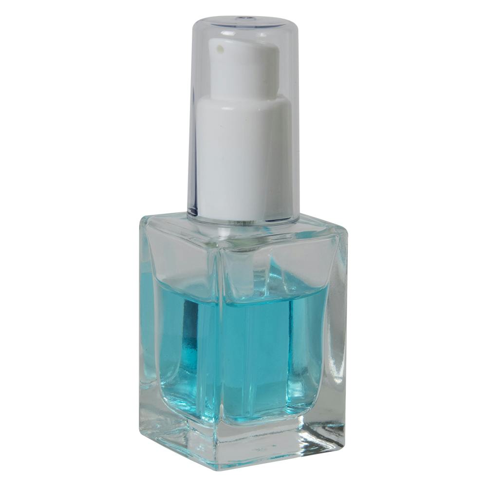 30mL Clear Square Glass Bottle with 18/415 White Polypropylene Denali Treatment Pump with Tall Smooth Collar & Clear ABS Overcap