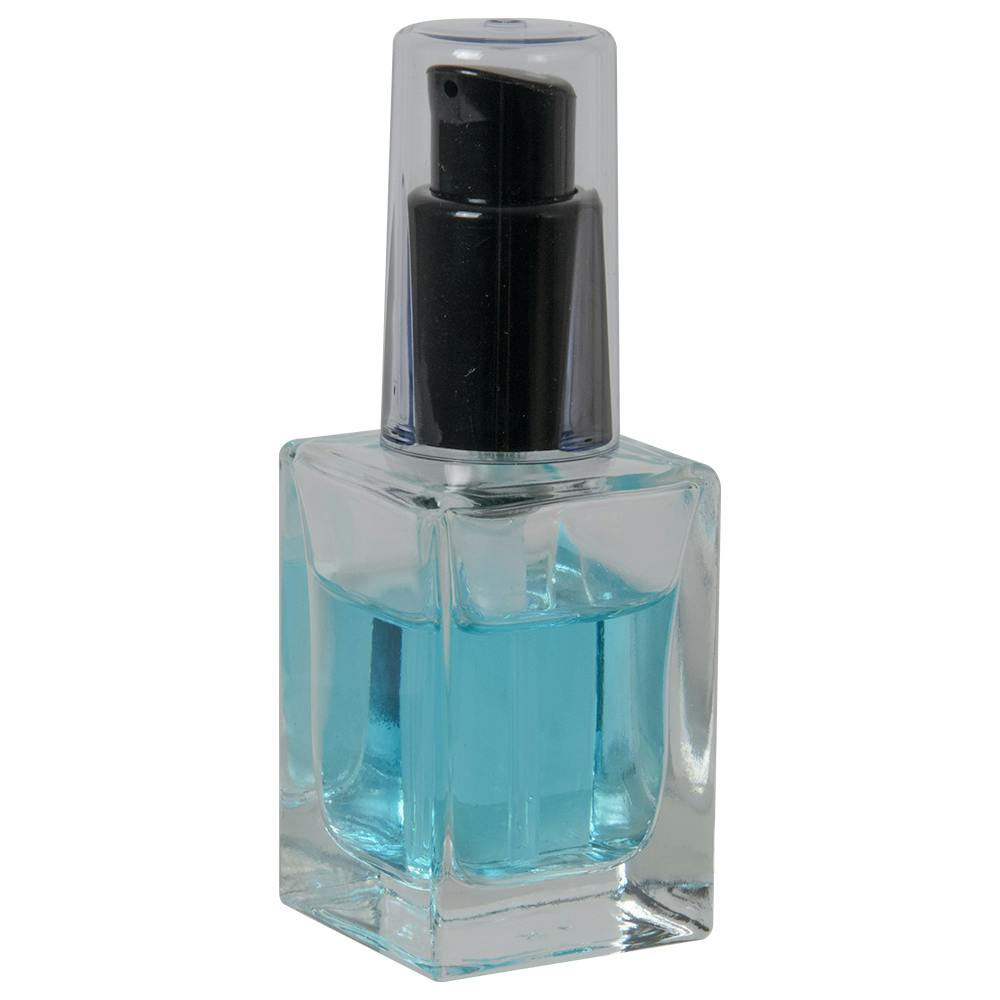 30mL Clear Square Glass Bottle with 18/415 Black Polypropylene Denali Treatment Pump with Tall Smooth Collar & Clear ABS Overcap