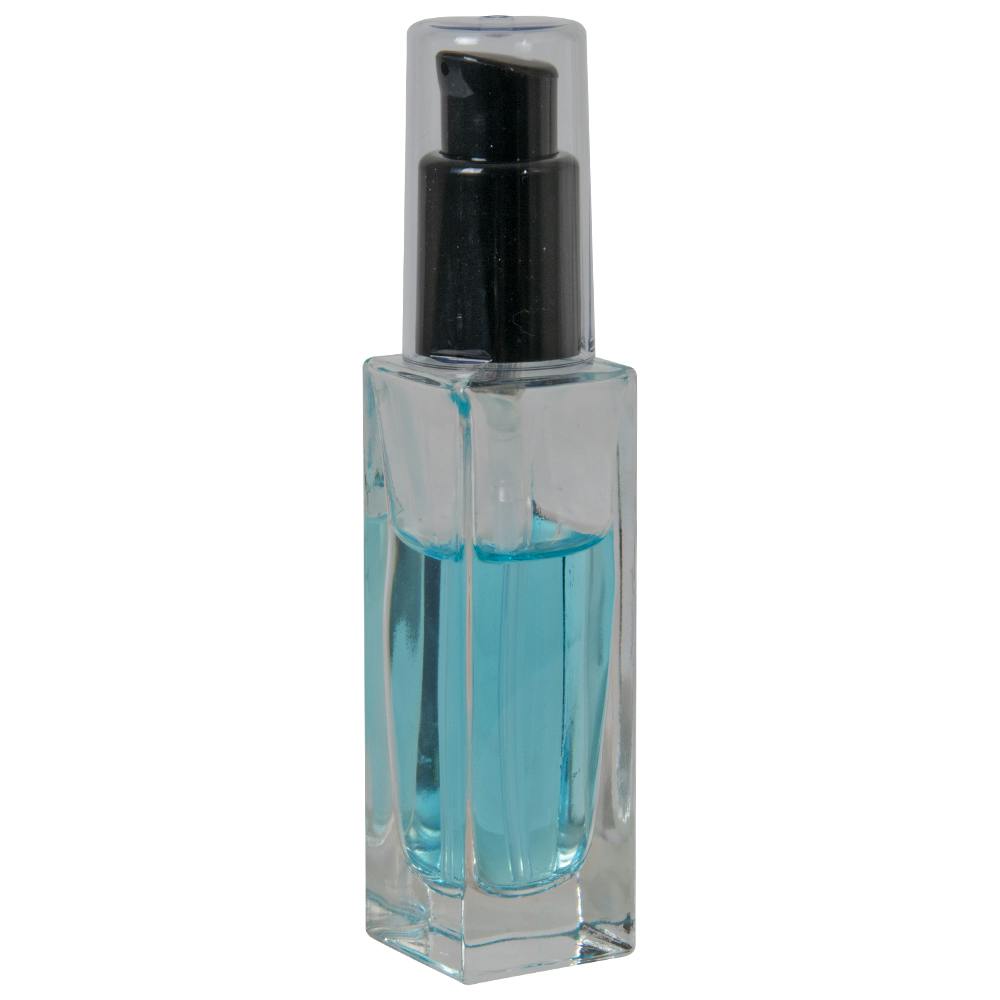 30mL Clear Tall Slim Square Glass Bottle with 18/415 Black Polypropylene Denali Treatment Pump with Tall Smooth Collar & Clear ABS Overcap