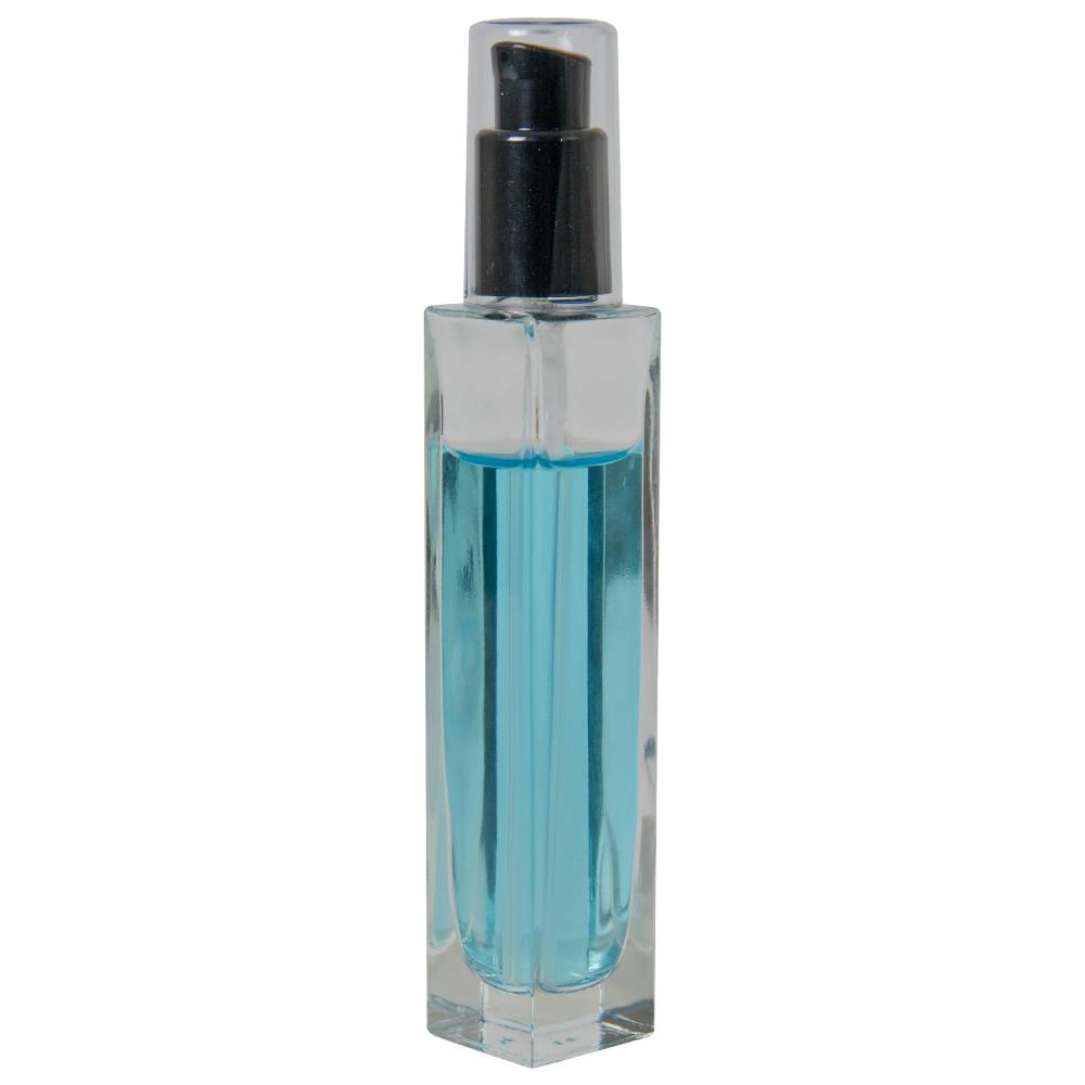 50mL Clear Tall Slim Square Glass Bottle with 18/415 Black Polypropylene Denali Treatment Pump with Tall Smooth Collar & Clear ABS Overcap