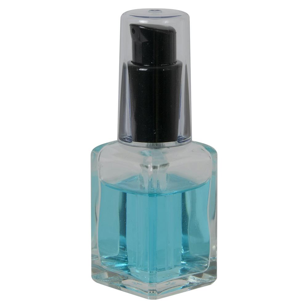 30mL (1 oz.) Clear Rounded Square Glass Bottle with 18/415 Black Polypropylene Denali Treatment Pump with Tall Smooth Collar & Clear ABS Overcap