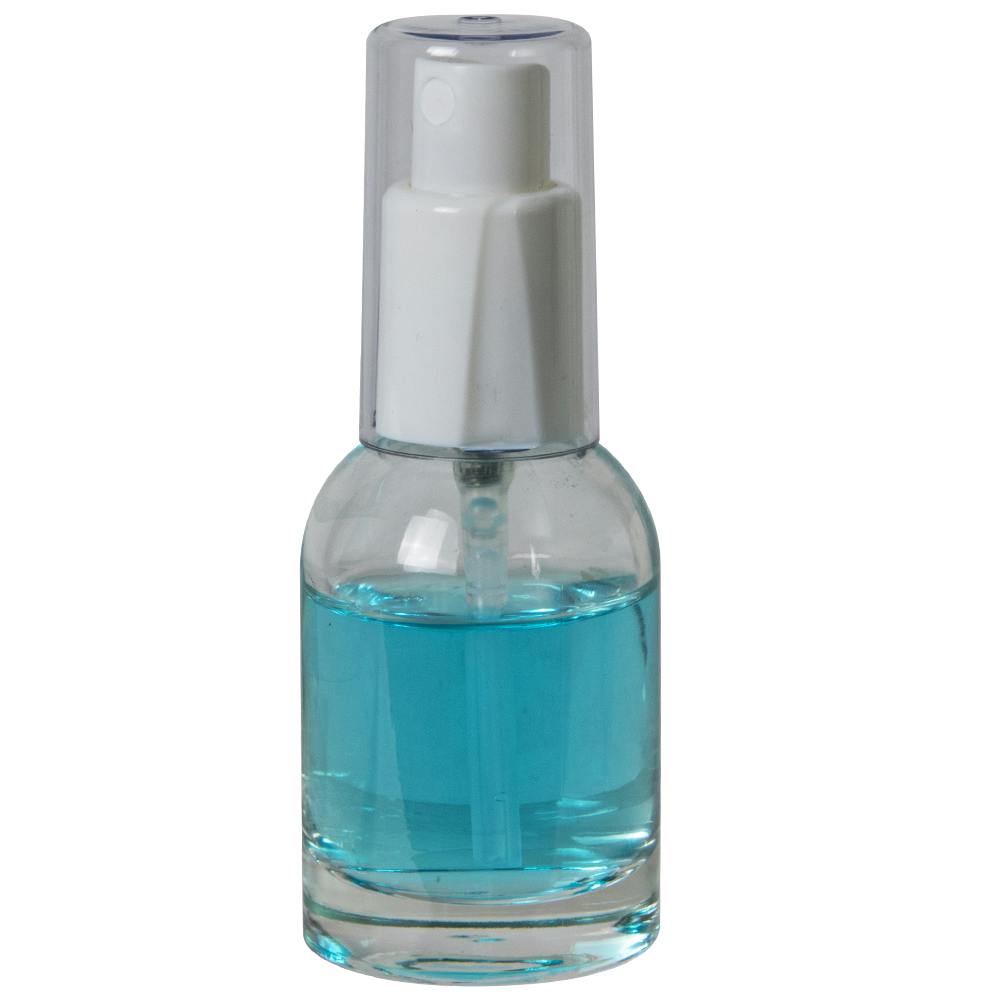 50mL Clear Begonia Dome Round Glass Bottle with 18/415 White Polypropylene Denali Finger Sprayer with Tall Smooth Collar & Clear ABS Overcap