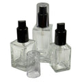 30mL Clear Square Glass Bottle with 18/415 Black Polypropylene Denali Finger Sprayer with Tall Smooth Collar & Clear ABS Overcap