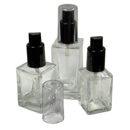 30mL Clear Square Glass Bottle with 18/415 Black Polypropylene Denali Finger Sprayer with Tall Smooth Collar & Clear ABS Overcap