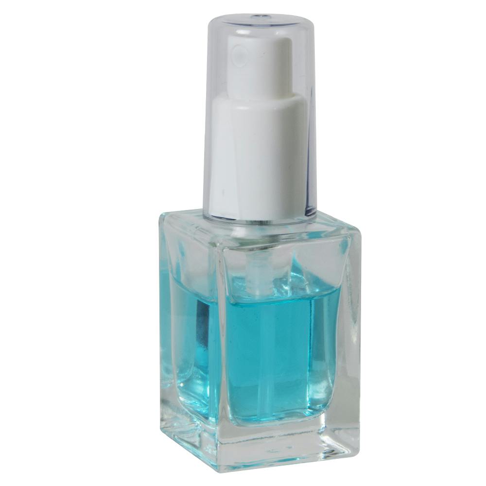 30mL Clear Square Glass Bottle with 18/415 White Polypropylene Denali Finger Sprayer with Tall Smooth Collar & Clear ABS Overcap