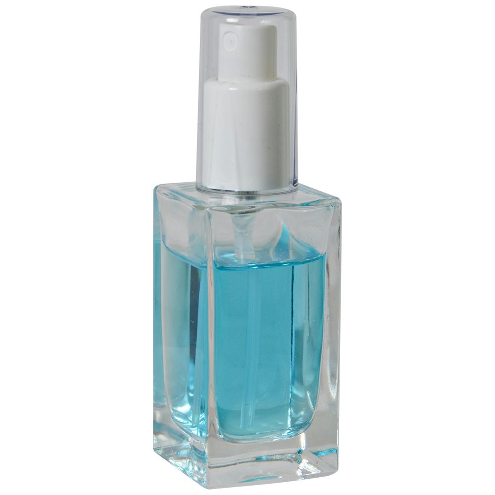 50mL Clear Square Glass Bottle with 18/415 White Polypropylene Denali Finger Sprayer with Tall Smooth Collar & Clear ABS Overcap
