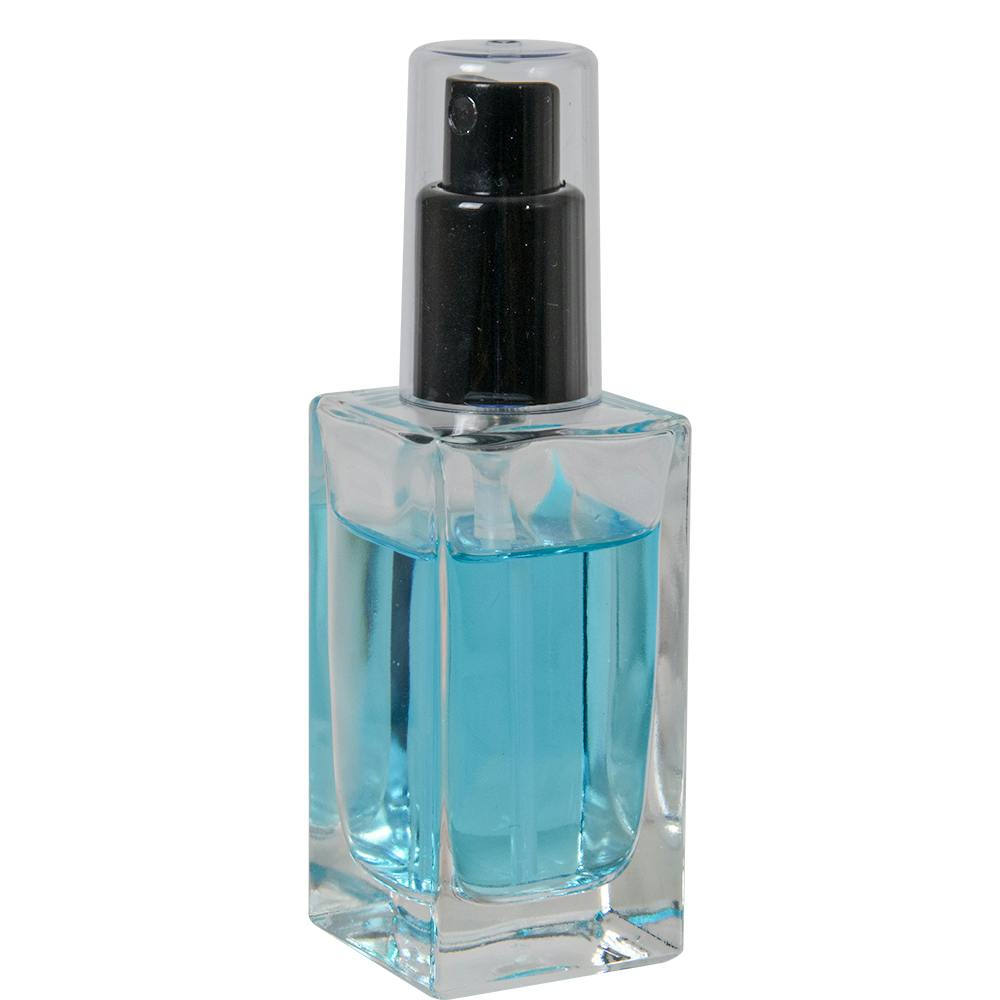 50mL Clear Square Glass Bottle with 18/415 Black Polypropylene Denali Finger Sprayer with Tall Smooth Collar & Clear ABS Overcap